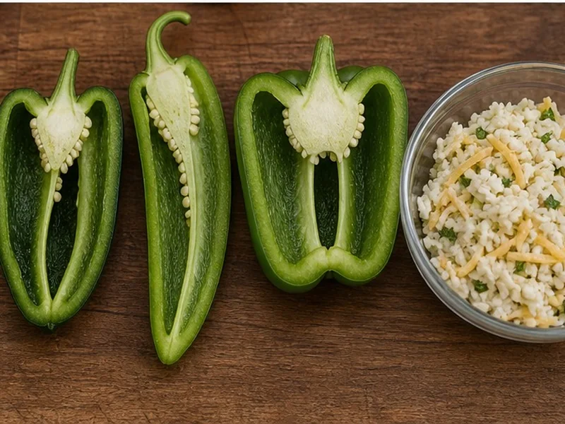 Poblano and mild green peppers prepared for stuffing