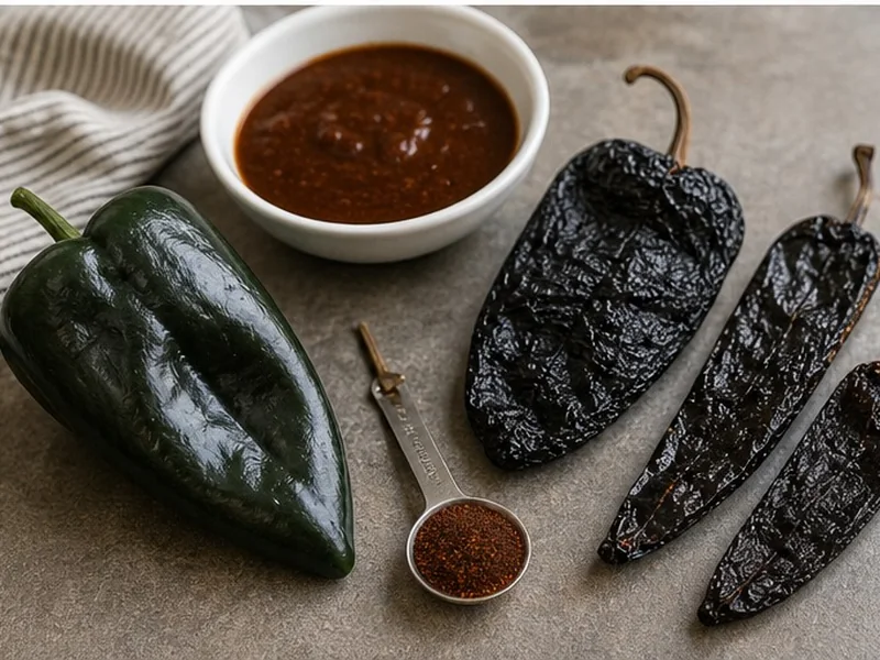 Dried chile sauce beside fresh poblano alternatives