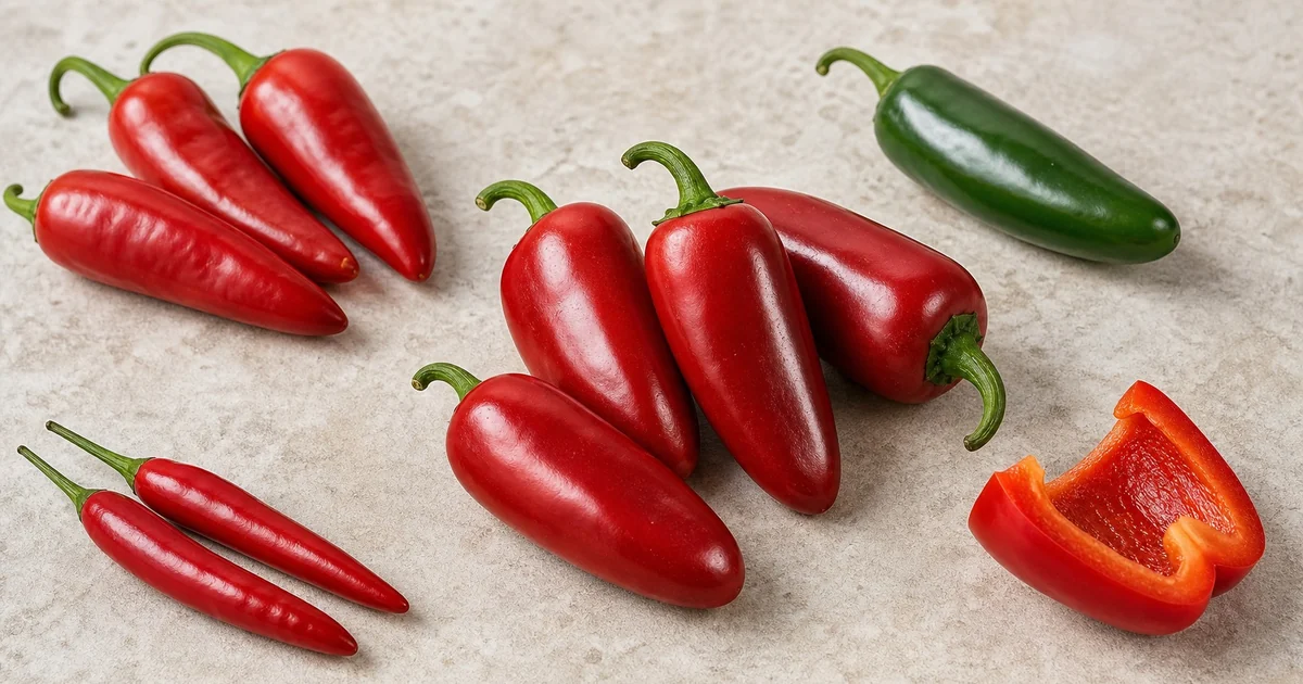 Ripe red jalapenos with Fresno, serrano, green jalapeno, and red bell pepper alternatives