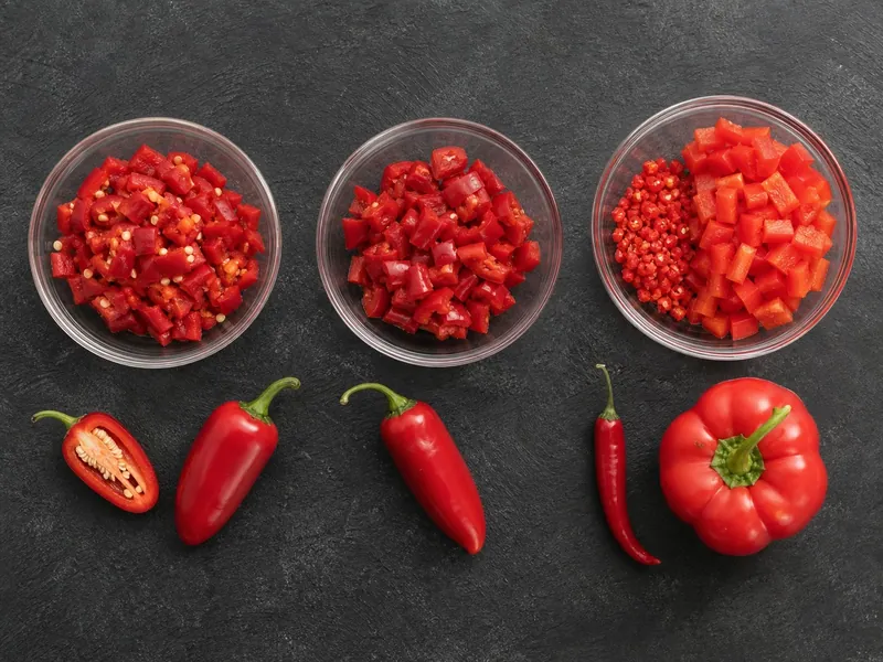 Bowls comparing chopped red jalapeno, Fresno, and a smaller amount of serrano with red bell pepper