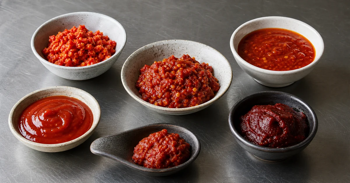 Sambal oelek alternatives showing coarse, smooth, sweet, and fermented chile pastes