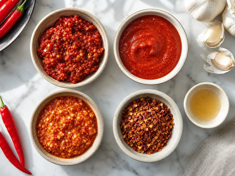 Coarse chile mash, smooth sauce, garlic chile paste, and crushed chile