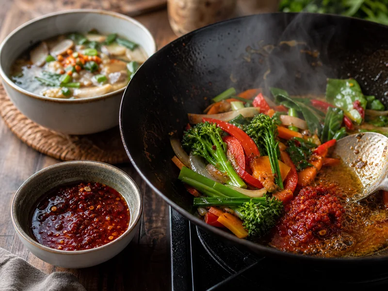 Coarse red chile paste added during wok cooking