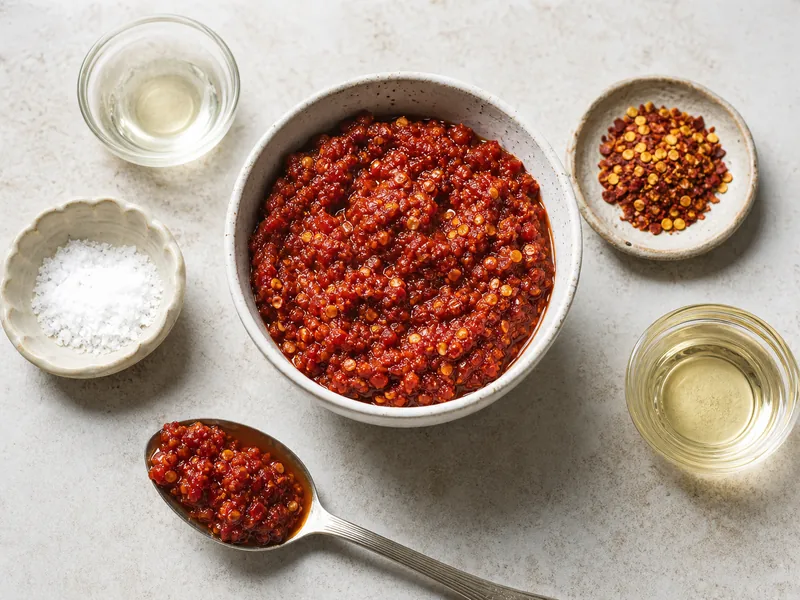 Sambal-style chile paste with vinegar, salt, chile flakes, and oil for adjustments