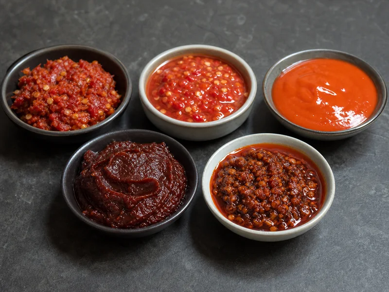 Fresh chile mash, chili-garlic sauce, sriracha, gochujang, and harissa compared