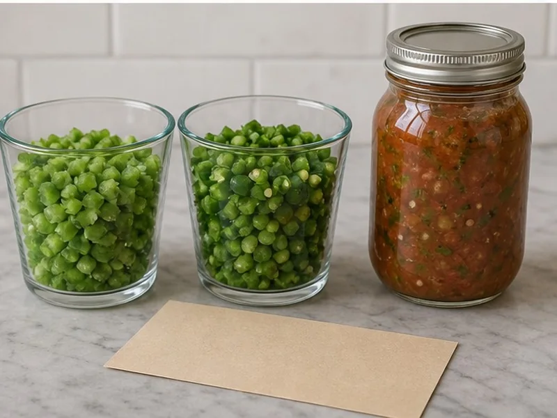Equal volumes of serrano and jalapeno prepared for canning