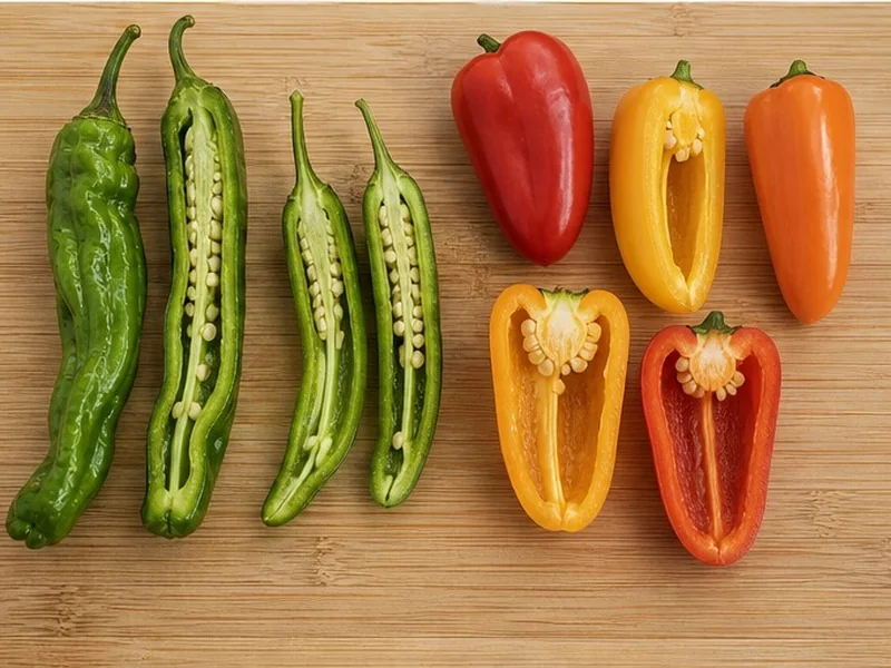 Shishito and mini sweet peppers cut open for comparison
