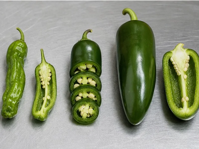 Shishito, jalapeno, and larger mild peppers shown in cross-section