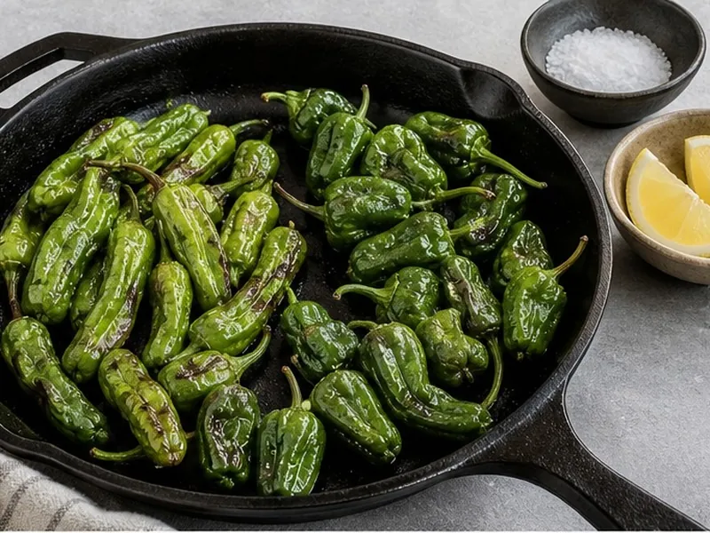 Shishito and Padron peppers blistering in a skillet