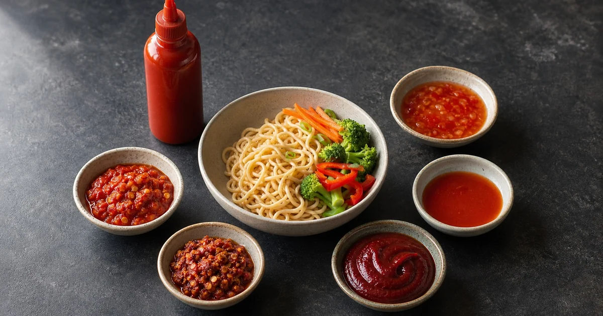 Noodle bowl surrounded by smooth sriracha, sambal, gochujang, chili garlic sauce, and sweet chili sauce