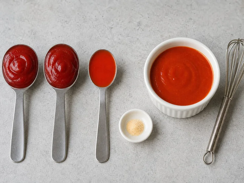 Two teaspoons ketchup, one teaspoon hot sauce, garlic powder, and their mixed sriracha substitute