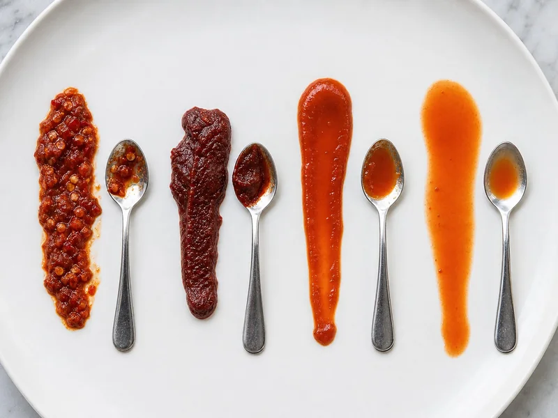 Sambal, thick gochujang, loosened gochujang, and thin hot sauce shown in spoon-drag tests